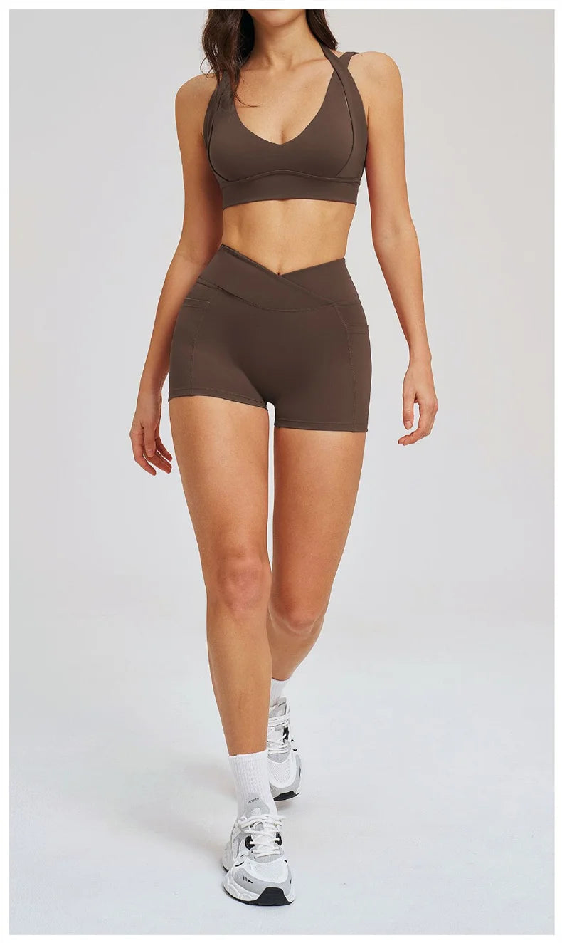 TRY TO BN Women's Tracksuit Shorts Sports Gym Set Halter Neck Fitness Cross Waisted Short Running Two Pieces Suits Yoga Clothing