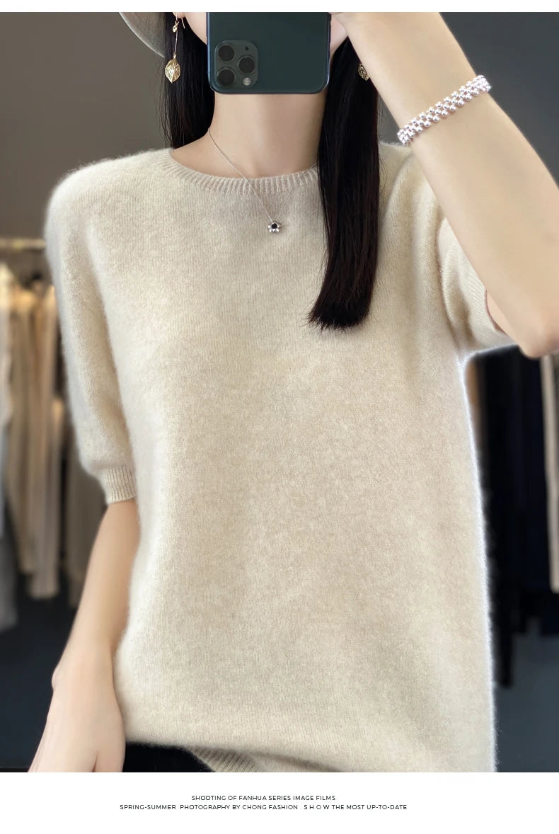 100% Merino wool women's O neck knitted T-shirt Korean pullover short sleeve sweater women's basic solid color half sleeve women