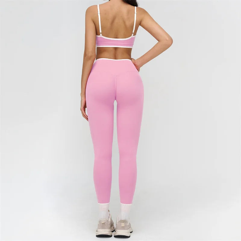 TRY TO BN Gym Set Sport Bra Women's Tracksuit Fitness Contrasting Color High Waist Leggings Two Pieces Suit Running Yoga Clothes
