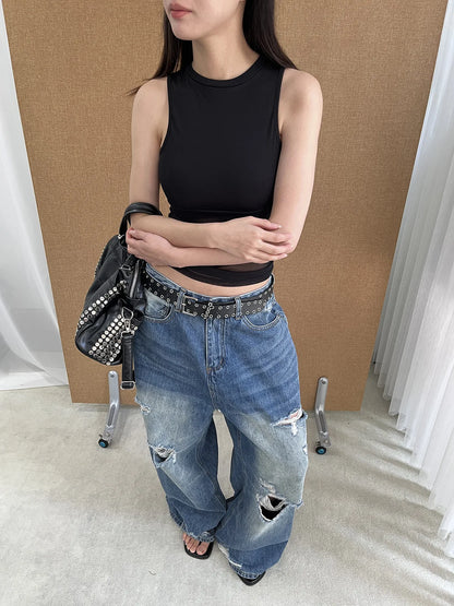 DEAT Fashion Washed Ripped Hole Vintage Straight Jeans Women's High Waist Long Wide Leg Blue Denim Pants Summer New