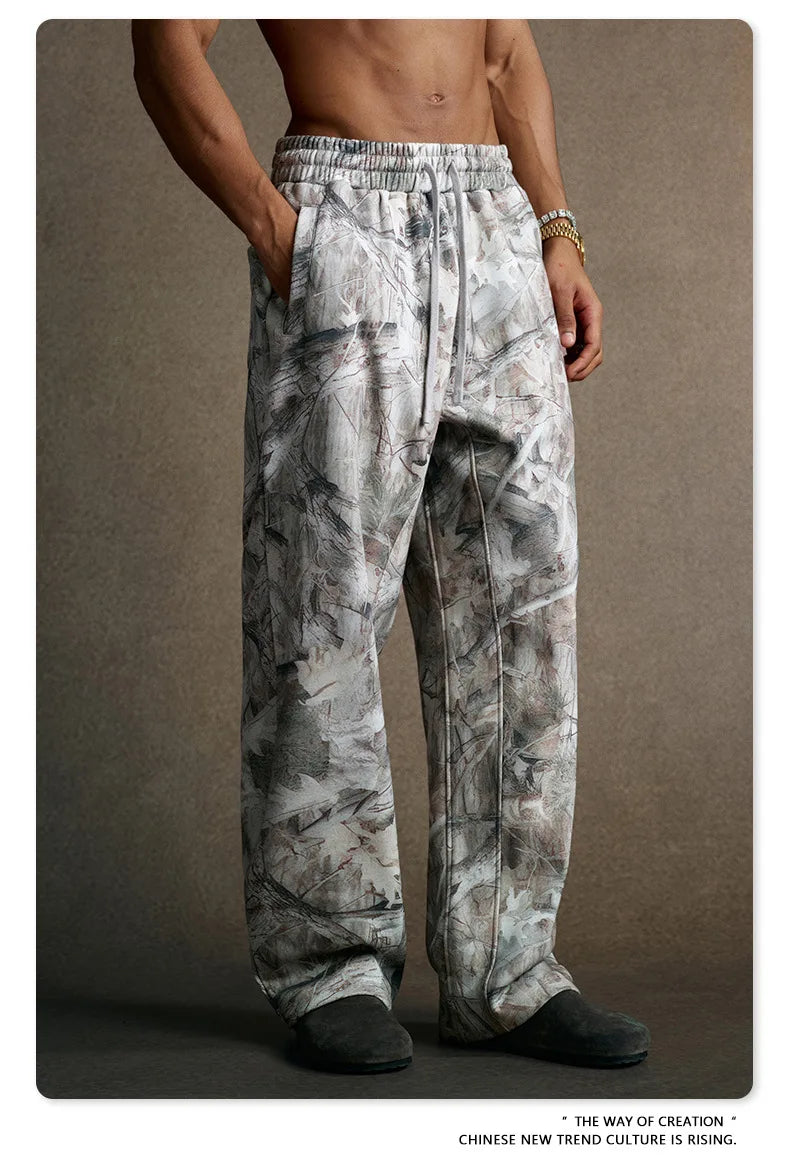 Custom LOGO Men's 2025 Autumn New 340G fleece-lined Fake Two-piece Camouflage Sweater T-Shirt Casual Pants Set