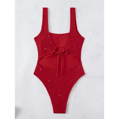 Glitter Sparkling Cut Out Backless One Piece Swimsuit Women Swimwear Female High Cut Leg Padded Bather Bathing Suit Swim V6493