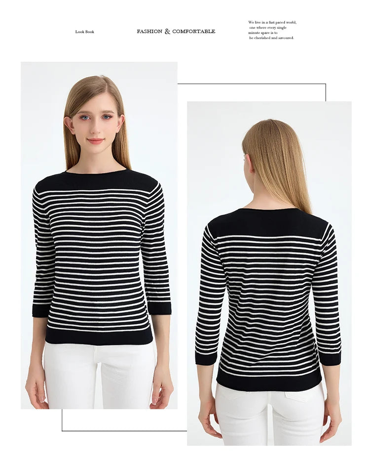 SuyaDream, Striped Pullovers for Woman, Round Neck, 45%Silk 55%Lyocell, 3/4 Sleeves, Chic Sweaters, 2025 Fall Winter Top, Black