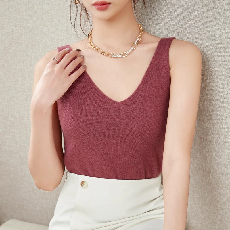 Women's Spring and Autumn 2026 New 100% Merino Wool V-Neck Pullover Knitted Suspender Casual Soft Inner Vest Women's Clothing