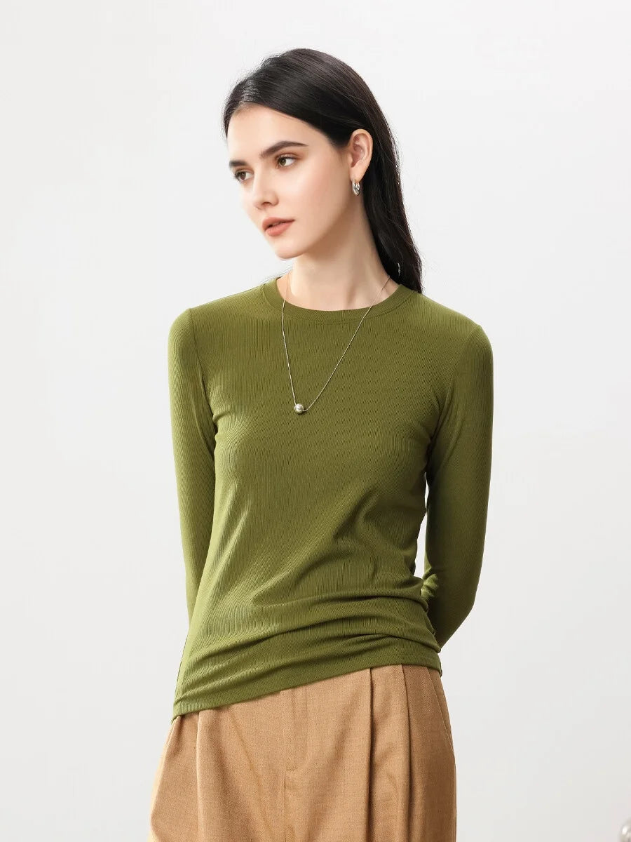 SuyaDream, Women Bottoming T Shirt, Silk Viscose Blend, Long Sleeves, Solid Basic Thermal  Shirt, 2024 Autumn Winter Top