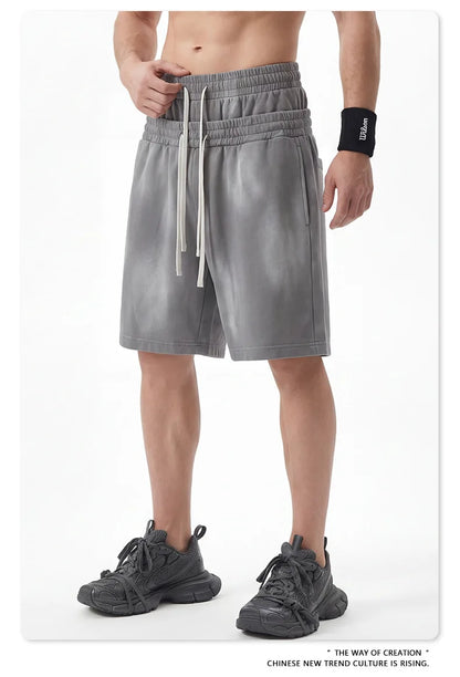 Custom LOGO men's 320G heavy 100% washed and old double waist high waist medium pants loose casual sports five-point shorts