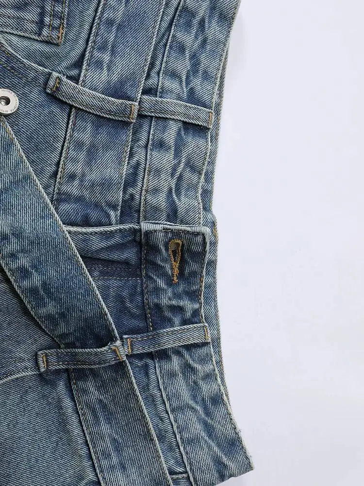 DEAT Fashion Cross Buckle Waist Baggy Jeans Women's High Waist Loose Fit Vintage Blue Denim Pants Sumemr New