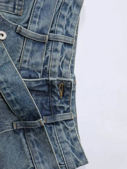 DEAT Fashion Cross Buckle Waist Baggy Jeans Women's High Waist Loose Fit Vintage Blue Denim Pants Sumemr New