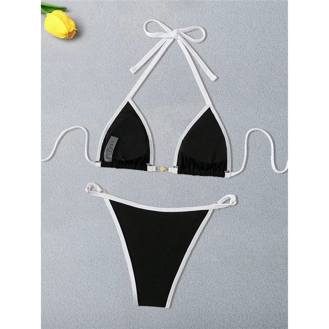 Black White Pearls High Cut Bikini Female Swimsuit Women Swimwear Two-pieces Bikini set Ribbed Bather Bathing Suit Swim V6315