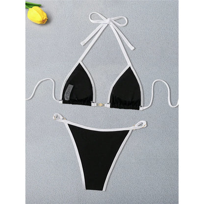 Black White Pearls High Cut Bikini Female Swimsuit Women Swimwear Two-pieces Bikini set Ribbed Bather Bathing Suit Swim V6315