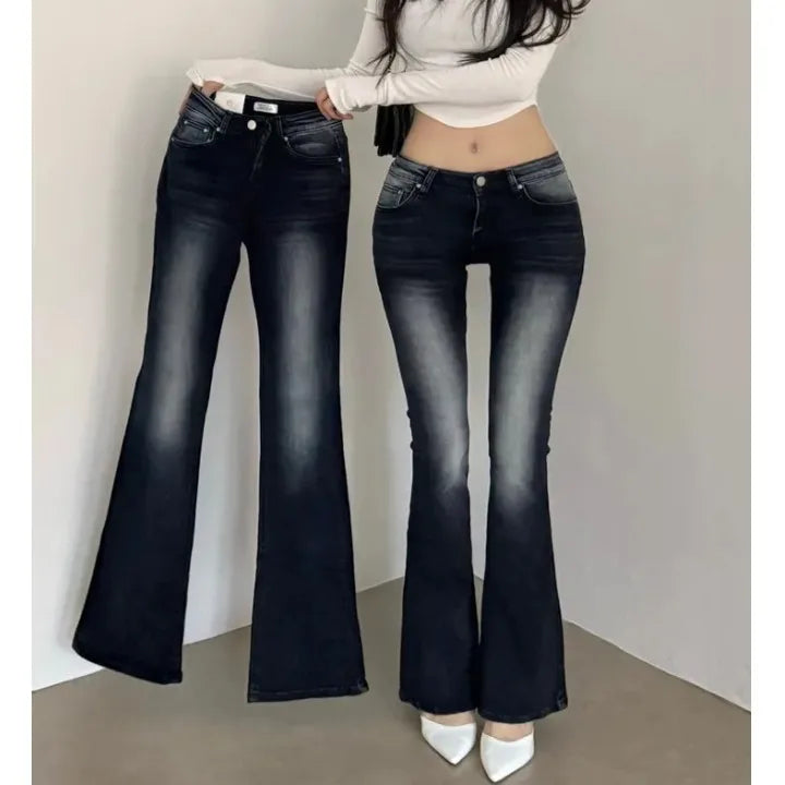 Low Waist Stretchy Slimming Long Legging Effect Bell Bottoms Korean Style Sexy Girl Jeans High Waist Slim Fit Faded Denim
