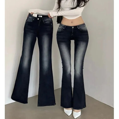 Low Waist Stretchy Slimming Long Legging Effect Bell Bottoms Korean Style Sexy Girl Jeans High Waist Slim Fit Faded Denim