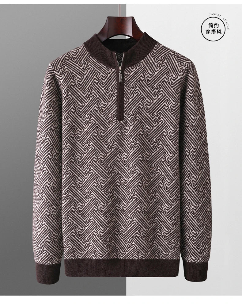 Men's 100% Merino Wool Jacquard Sweater Mock Collar Half Zip Thick Pullover Autumn Winter Cashmere Knitwear Long Sleeved Top