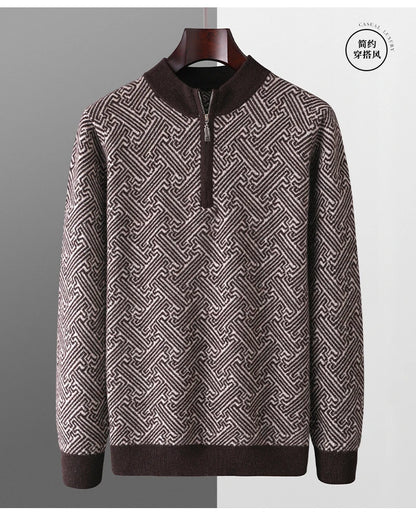 Men's 100% Merino Wool Jacquard Sweater Mock Collar Half Zip Thick Pullover Autumn Winter Cashmere Knitwear Long Sleeved Top