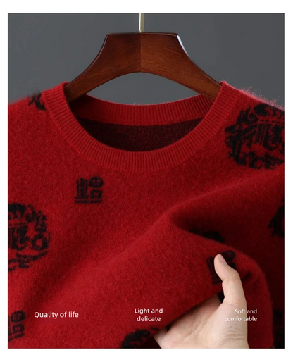 Men's 100% Pure Wool Sweater O-Neck Loose Pullover Autumn/Winter New Embroidery Business Casual Cashmere Tops Knit Bottom Shirt