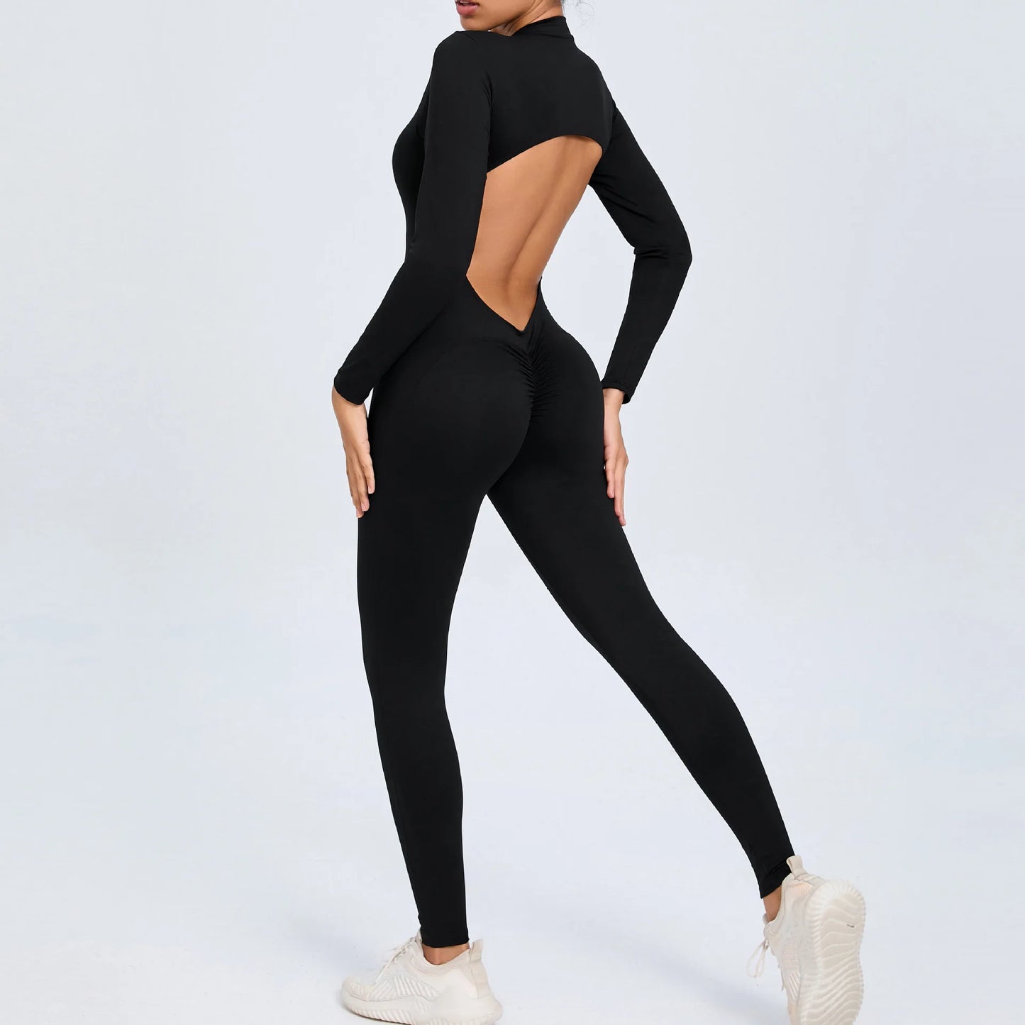 Hearuisavy Summer V Back Sports Jumpsuit Yoga Clothes Rompers Women Long Sleeveles Workout Bodysuits Backless One-piece Suit