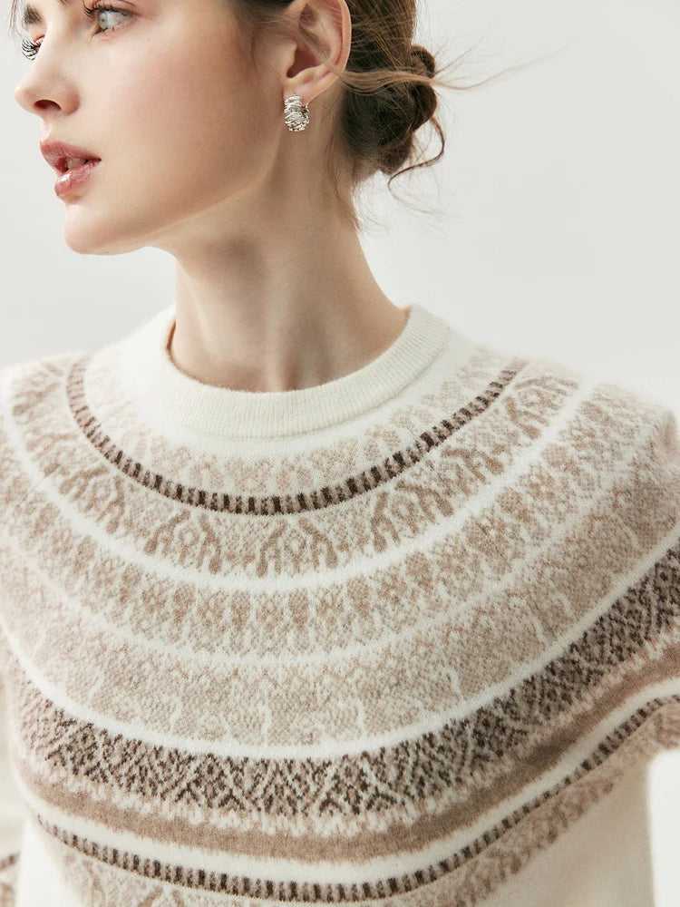 CHICUU Women Autumn Winter O-neck Vintage Style Pullover Sweater 100% Cashmere Knitwear Thick Warm Jacquard Knitting Sweater Top