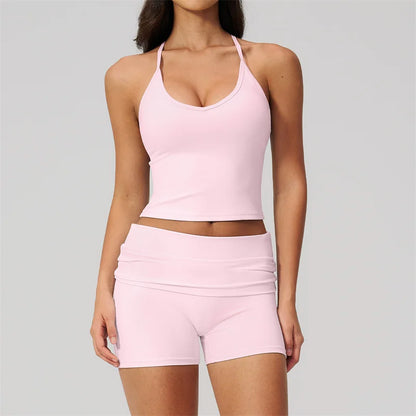 TRY TO BN Two Pieces Women's Tracksuit Vest Sling Top Set Fold-over Waist Yoga Shorts Hip Lifting Running Fitness Gym Activewear