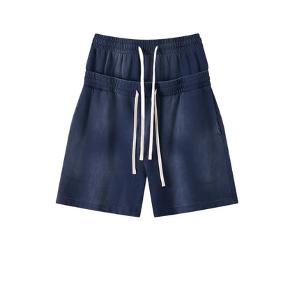 Custom LOGO men's 320G heavy 100% washed and old double waist high waist medium pants loose casual sports five-point shorts