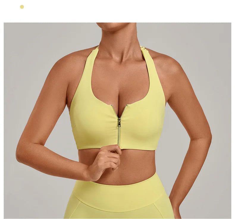 TRY TO BN Yoga Sports Bra Women's Zipper Halter Neck Naked Feeling Backless Underwear Fitness Tops Workout Running Gym Clothing