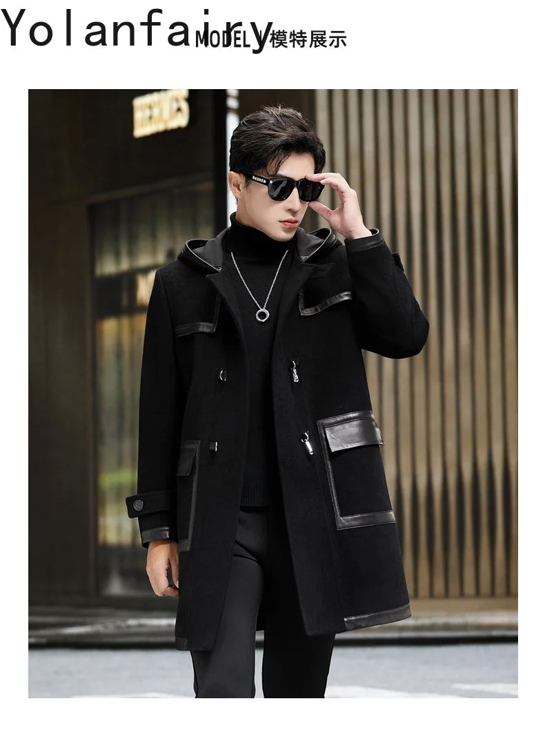 YOLANFAIRY Luxury Woolen Jackets for Man Autumn Winter Mid-length Pure Wool Patchwork Sheepskin Trench Coat Hooded Mens Jacket