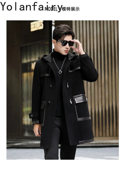 YOLANFAIRY Luxury Woolen Jackets for Man Autumn Winter Mid-length Pure Wool Patchwork Sheepskin Trench Coat Hooded Mens Jacket