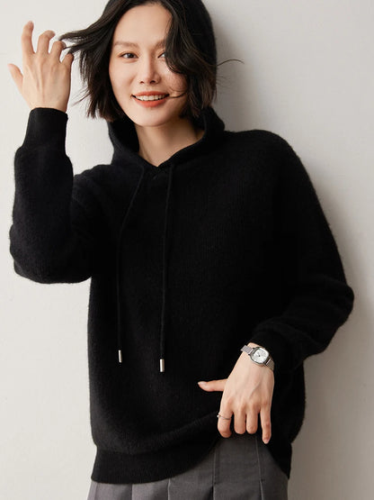 CHICUU Autumn Winter Women Hoodie Pullover Sweater 100% Cashmere Knitwear Soft Warm Casual Style Hooded Sweater Tops