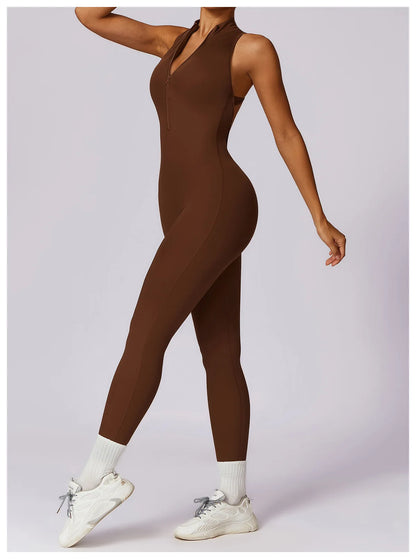 Summer V Back One-piece Suit Women Sports Jumpsuit Zippers Yoga Rompers Backless Sportswear Women Sleeveles Workout Bodysuits