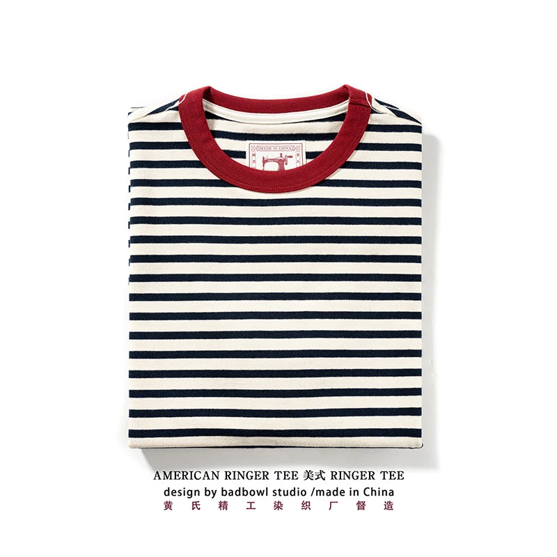 Summer new pure cotton T-shirt men's American retro contrasting shirt versatile couple short sleeved T-shirt striped base shirt