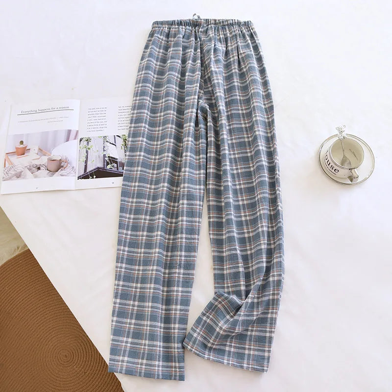 2026 New Spring and Autumn Men's Sleeper Pants 100% Cotton Gauze Japanese Checkered Pants Elastic Waist Home Pants Sleepwear