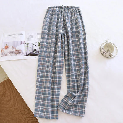 2026 New Spring and Autumn Men's Sleeper Pants 100% Cotton Gauze Japanese Checkered Pants Elastic Waist Home Pants Sleepwear