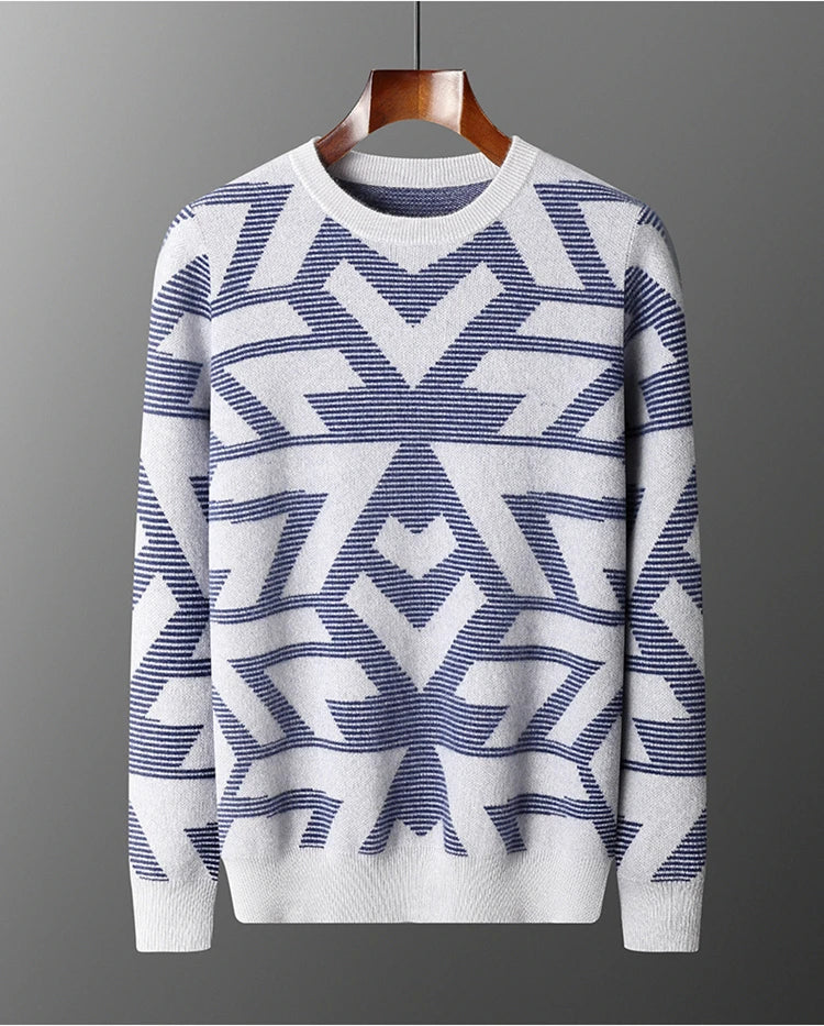 Men's Autumn Winter New 100% Cashmere O-Neck Sweater Fashion Knitted Jacquard Pullover Top Color blocked Thickened Men's Wear