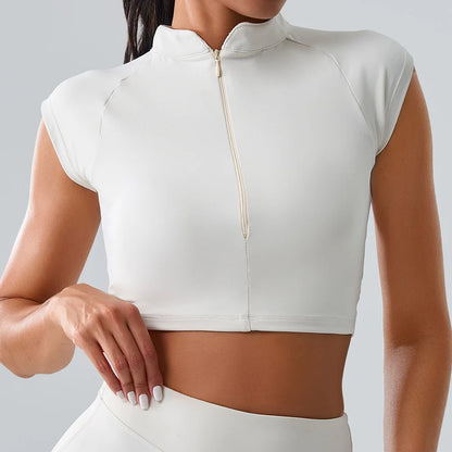 Zipper Sports Crop Top Women Short Sleeve Yoga Top Shirts Light Weight Gym Push Up Top Sports Shirt Running Workout Crop Tops