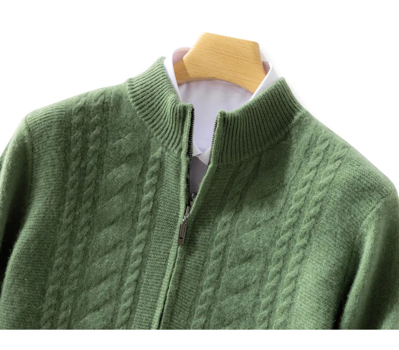 High Quality Men Mock Collar Twisted Cardigan Autumn Winter Thick Zipper 100% Merino Wool Sweater Casual Coat Cashmere Knitwear