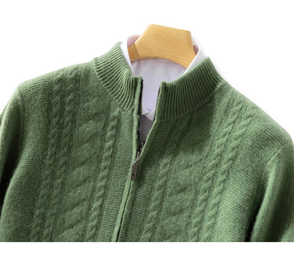 High Quality Men Mock Collar Twisted Cardigan Autumn Winter Thick Zipper 100% Merino Wool Sweater Casual Coat Cashmere Knitwear