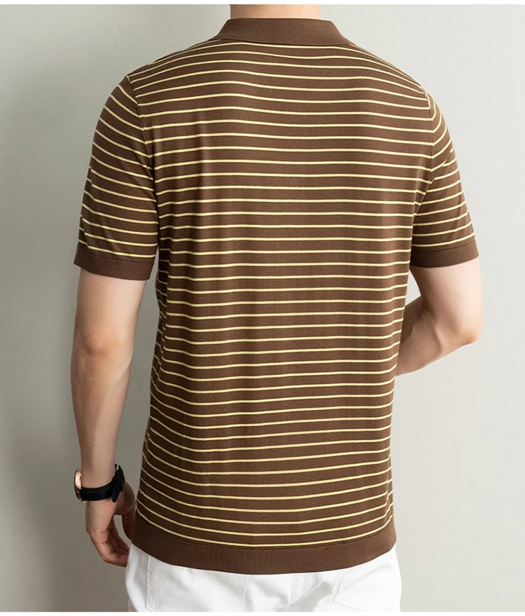 Men's Lyocell shirt summer new casual striped short sleeved T-shirt Polo collar breathable comfortable knitted pullover