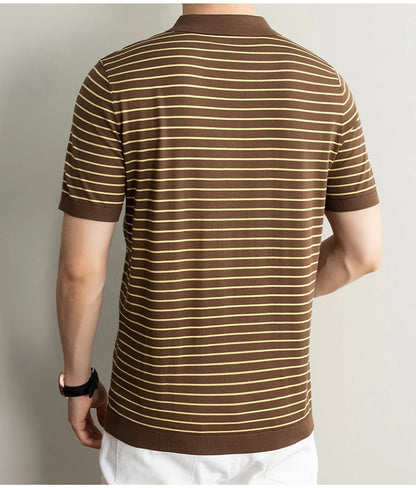 Men's Lyocell shirt summer new casual striped short sleeved T-shirt Polo collar breathable comfortable knitted pullover