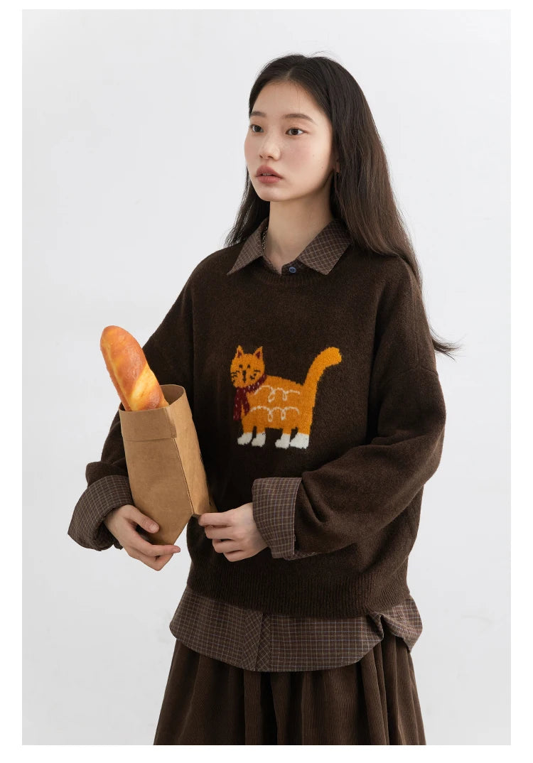 CHIC VEN New Women Sweaters Loose Casual O Neck Cartoon Cat Female Knitted Jumpers Pullovers for Girl Autumn Winter 2025