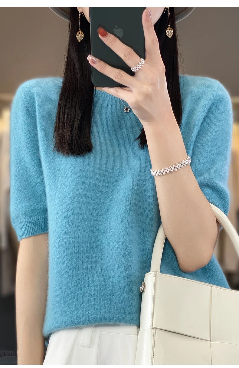100% Merino wool women's O neck knitted T-shirt Korean pullover short sleeve sweater women's basic solid color half sleeve women