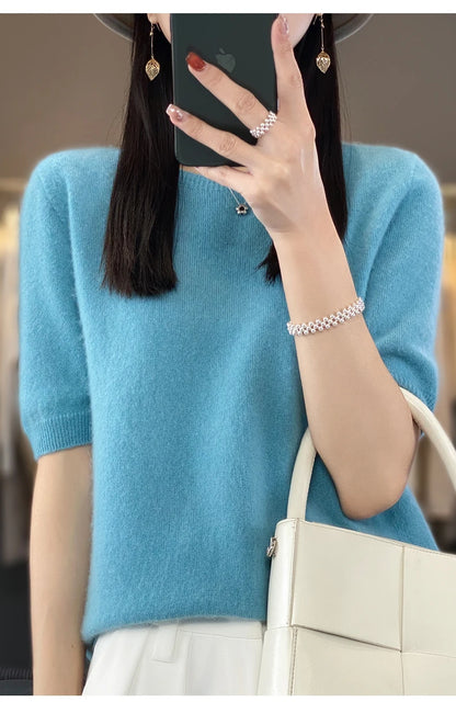 100% Merino wool women's O neck knitted T-shirt Korean pullover short sleeve sweater women's basic solid color half sleeve women
