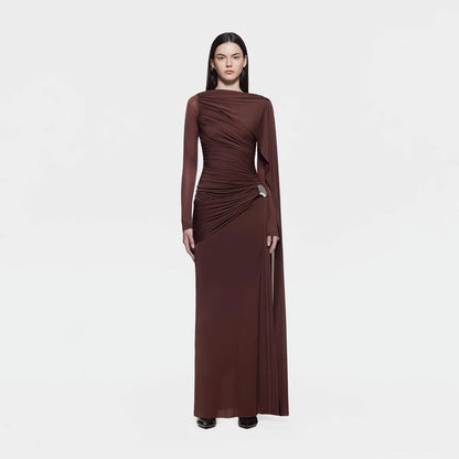 DEAT Fashion Brown Asymmetric Pleated Minimalist Dress Women's Round Neck Slim Fit Long Sleeves Ankle-length Dresses New