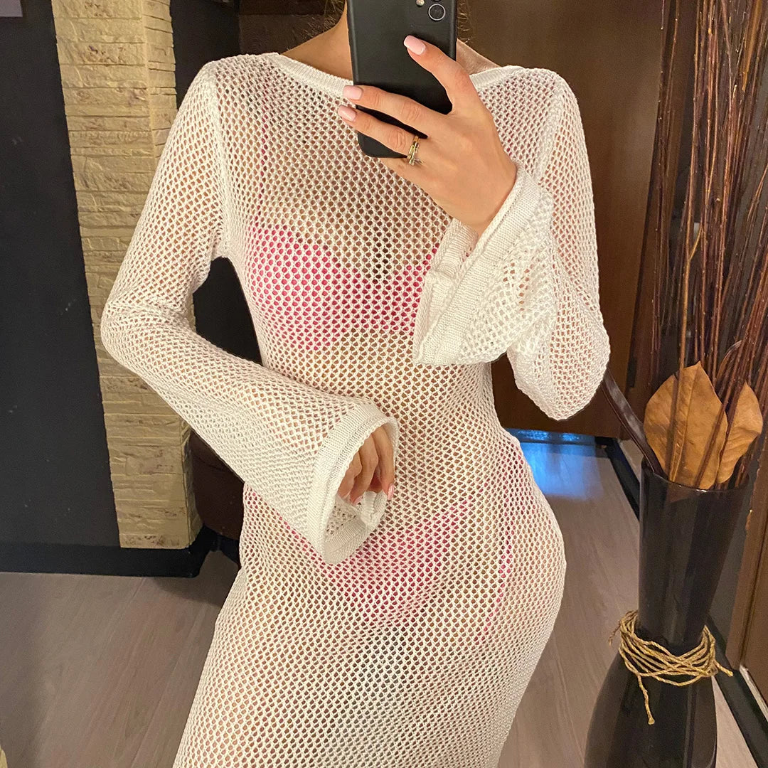 Sexy Long Sleeve Hollow Out Crochet Knitted Tunic Beach Cover Up Cover-ups Beach Dress Beach Wear Beachwear Female Women V5319