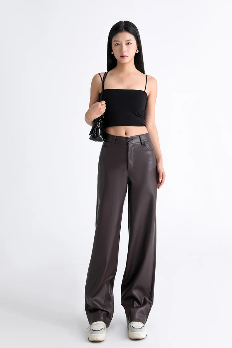 BIVIGAOS Fall Winter Fleece Loose Wide Leg Warm Leather Pants Women Button Pocket High Waist Thick PU Casual Straight Pants
