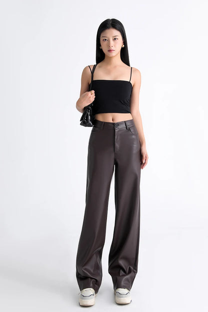 BIVIGAOS Fall Winter Fleece Loose Wide Leg Warm Leather Pants Women Button Pocket High Waist Thick PU Casual Straight Pants