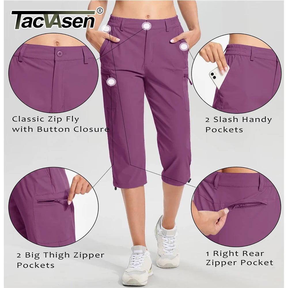 TACVASEN Summer Quick Dry Hiking Capri Shorts Womens Athletic Cargo Shorts 3/4 Below Knee Length Outdoor Riding Nylon Shorts