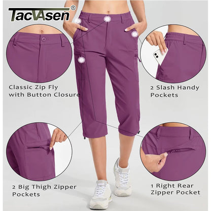 TACVASEN Summer Quick Dry Hiking Capri Shorts Womens Athletic Cargo Shorts 3/4 Below Knee Length Outdoor Riding Nylon Shorts