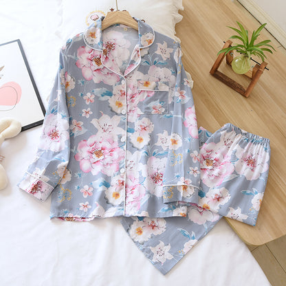 Spring and summer new 100% viscose pajamas two-piece long-sleeved trousers women's flowers comfortable plus size homewear suit