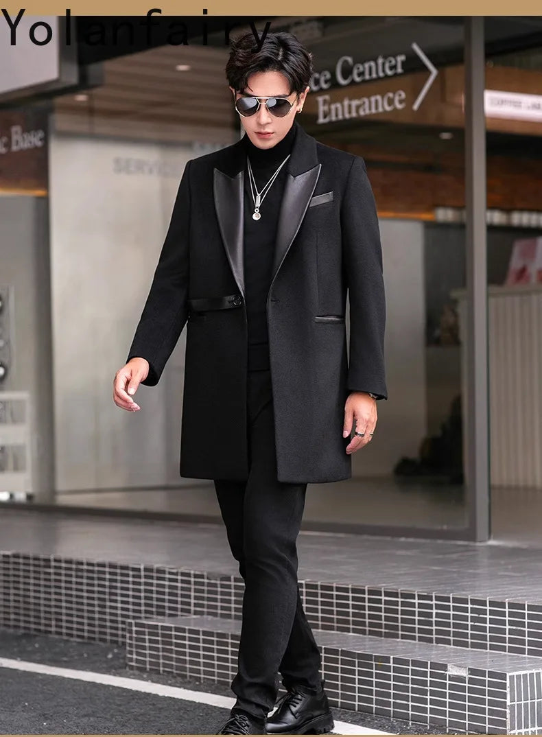 YOLANFAIRY 2025 Autumn Genuine Sheepskin Patchwork Wool Coat Man Clothing Men's Mid-length Suit Windbreaker Trendy Woolen Jacket