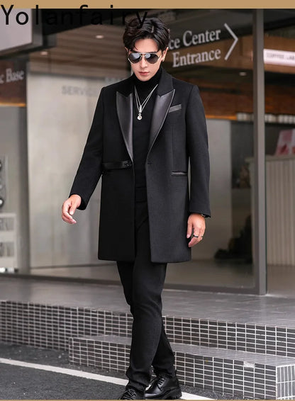 YOLANFAIRY 2025 Autumn Genuine Sheepskin Patchwork Wool Coat Man Clothing Men's Mid-length Suit Windbreaker Trendy Woolen Jacket