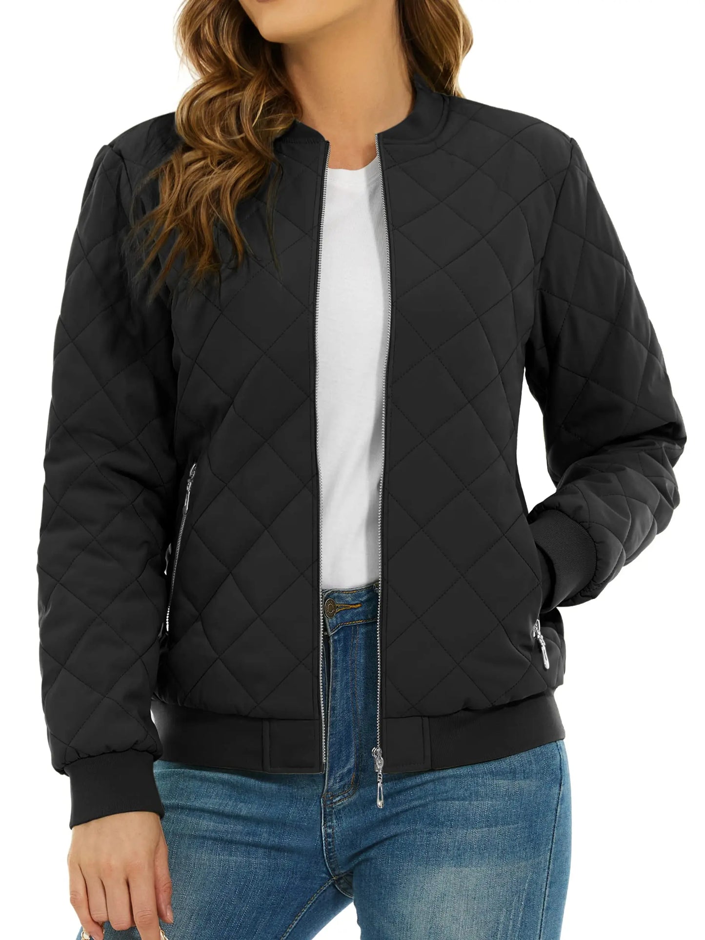 TACVASEN Padded Warm Jackets Womens Fashion Retro Pilot bomber Jackets Diamond Quilted Coats Full Zip Up Pockets Casual Outwear